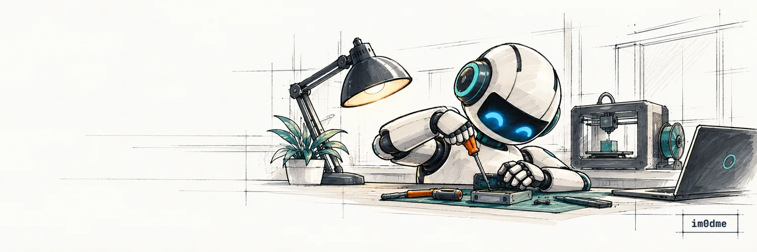 A sketch of a small white robot at a workbench, adjusting a gadget with a screwdriver, beside a desk lamp, a 3D printer and a laptop